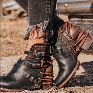 FreeBird Boot Crue Leather Ankle Strap Zip Distress Work Party Core Go Size 10